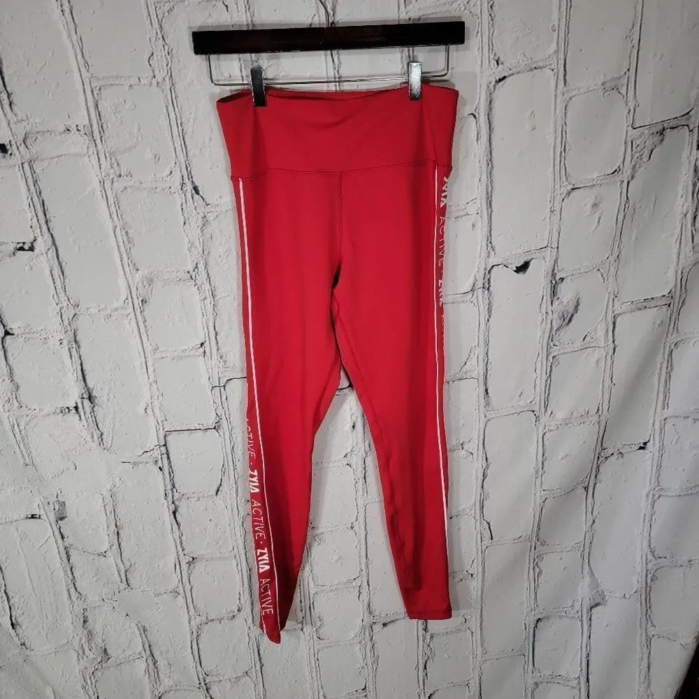 Zyia Active Womens Light N Tight Workout Pants Leggings Red Logo Stripe Gym 8/10